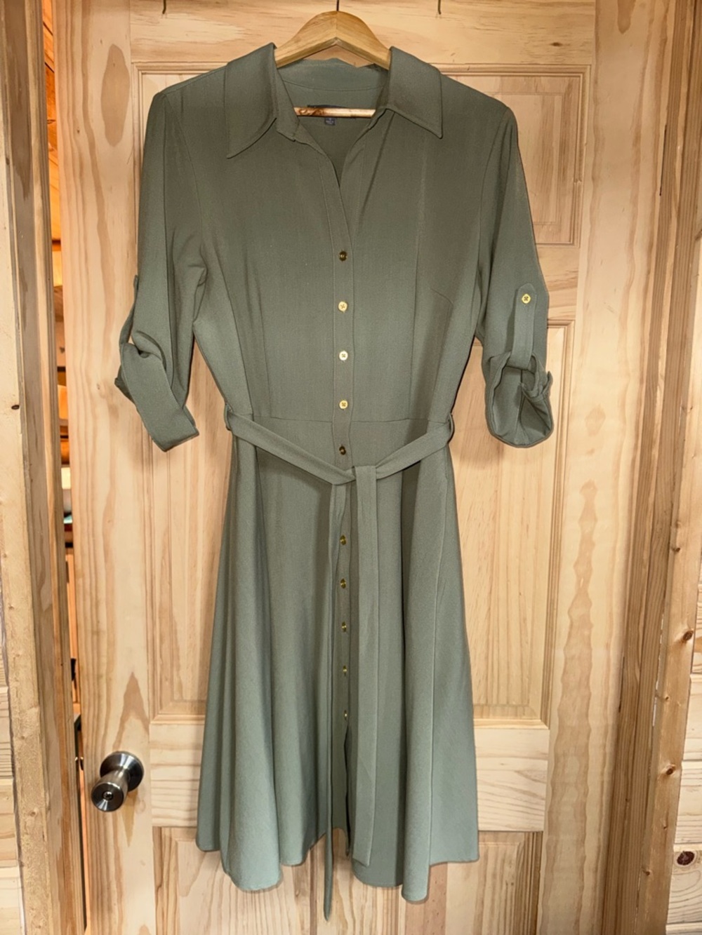 Sharagano Olive Green Button-Front Midi Dress with Tie Belt